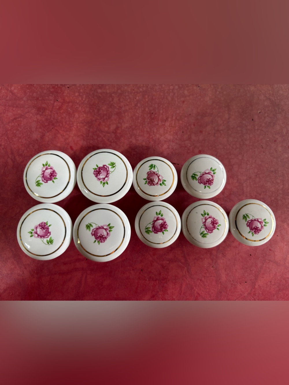 Set of 9 white ceramic cabinet knobs / drawer knobs pink rose design